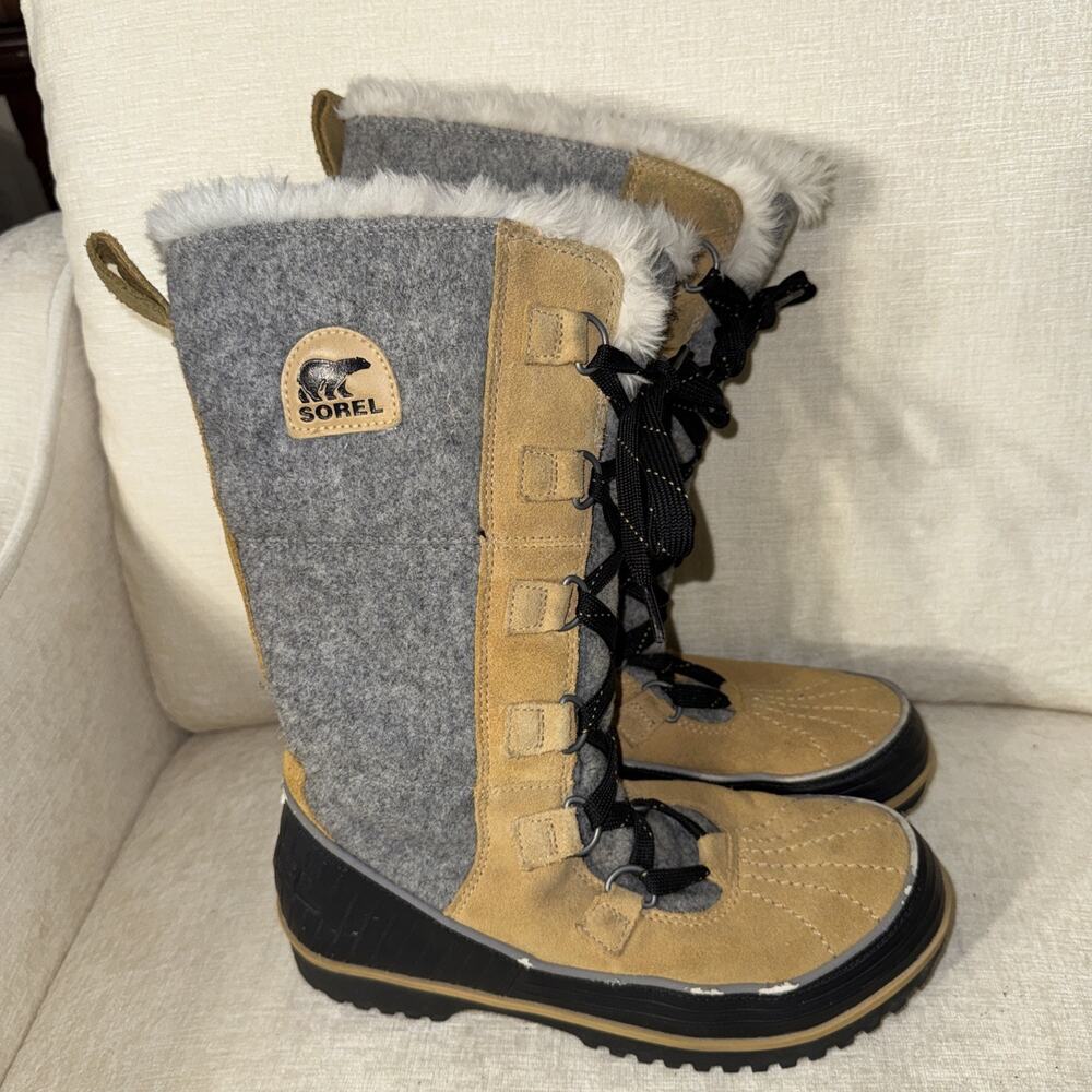 Sorel Suede Winter Boots Gray Beige NL2330-373 Size 8 Women’s Lace Up Faux Fur